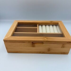 Bamboo Jewelry Box Organizer Glass Lid Ring Rolls 4 Compartments Natural Wood